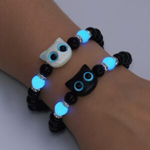 [2pcs, Glowing Cat Bracelets] 2pcs Set, Glowing Black and White Cat Jewelry Bracelets for Couples or Sisters, Adjustable Stretch, Perfect Holiday Gift