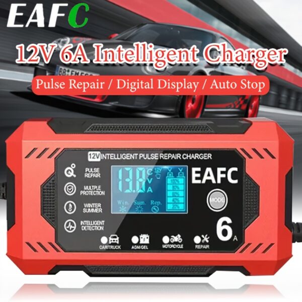 EAFC 12V 6A Digital Car Battery Charger & Maintainer, Temperature Compensation, 12V Battery Maintainer Battery Charger for Car Truck Motorcycle Lawn Mower Marine Lead Acid Charger, Easy to Use, Battery Repair Tool, The Perfect Gift for Drivers