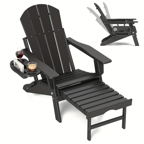 FOOWIN HDPE Adirondack Chair with Ottoman, Adjustable Backrest Adirondack Chair W/4in 1 Cup Holder Trays, All-Weather Resistant Adirondack Chairs for Outdoor, Patio, Lawn, Garden