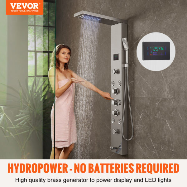 f3c4b219-38b6-4e97-be77-414495f96f72_1600x1600.jpeg VEVOR Shower Panel, 6 Shower Modes, LED & Screen Hydroelectricity Shower Tower Panel System, Rainfall, Waterfall, 8 Massage Jets, Tub Spout, Handheld Shower, Stainless Steel Wall-Mounted Shower Set