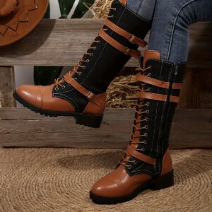 [Black Ankle Boots] Black Synthetic Leather Women's Low Heel Lace-Up Ankle Boots | Adjustable Straps & Buckles, All-Season Comfort for Casual Outdoor & Casual Attire
