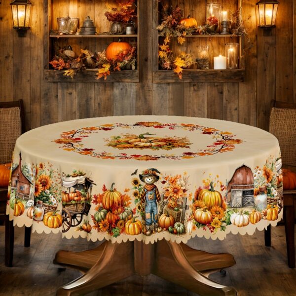 1pc, Polyester Tablecloth, Autumn Thanksgiving Theme Party Tablecloth, Autumn Harvest Pumpkin Scarecrow Sunflower Maple Leaf Flower Country Farmhouse Style Pattern Tablecloth, with Embossed Edge, Suitable for Picnic Dinner Kitchen Restaurant Decoration