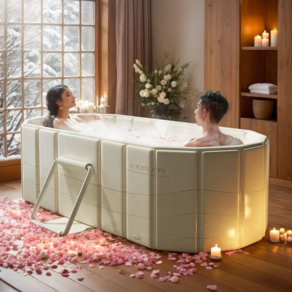 [Lightweight Design] Portable Hot Tub for Home Gym - Quick Setup, No Installation Needed, Foldable Storage, Dual Drainage Design, Beige PVC Material - Perfect Christmas Gift for Relaxation & Wellness