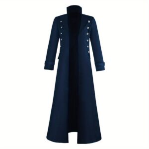 Men's Steampunk Gothic Victorian Long Trench Coat - Full-Length Medieval Jacket with Golden-Toned Buttons, Collar & Cuff Trim - Heavy-Duty Costume Coat for Cosplay, Victorian Events, Renaissance Fairs - Available in Brown, Navy, Red, Black - Ideal for Stage Performances & Casual Attire - Includes Matching Belt Loop & Buckle - Stylish & Functional Fashionable Design, Medieval Costume