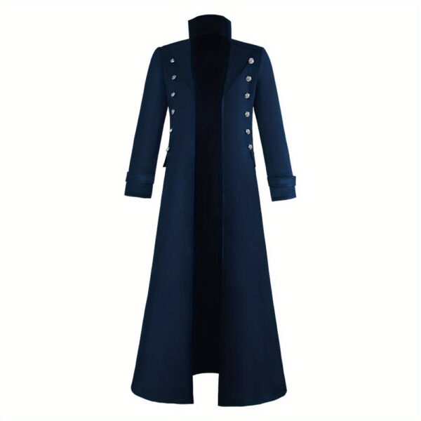 Men's Steampunk Gothic Victorian Long Trench Coat - Full-Length Medieval Jacket with Golden-Toned Buttons, Collar & Cuff Trim - Heavy-Duty Costume Coat for Cosplay, Victorian Events, Renaissance Fairs - Available in Brown, Navy, Red, Black - Ideal for Stage Performances & Casual Attire - Includes Matching Belt Loop & Buckle - Stylish & Functional Fashionable Design, Medieval Costume
