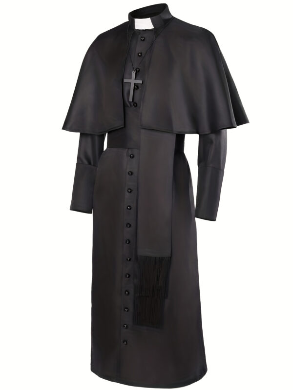 Men's Medieval Priest Monk Robe - Long Sleeve Catholic Clergy Costume with Belt & Cowl Hood-like Collar, Heavy-Duty Fabric for Renaissance Fairs, Halloween, Themed Events - Authentic Vintage Church Attire for Role Play & Historical Reenactment - Solid Black Color, Hand Wash or Dry Clean, Stand-Up Collar, Tunic Style with Cincture, Suitable for Men's Costume Apparel, Wizard Costume, Mens Halloween Costumes, Cape, Costume Halloween Homme, Wizard Robe, Costumes For Men,