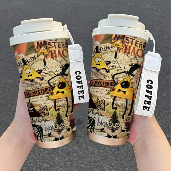 [Stainless Steel Tumbler] 1pc 18oz Stainless Steel Tumbler, Leak-Proof, Reusable, Hand Wash Only, Multipurpose Use, with Travel Lid and Strap, Gift Idea, Gravity Falls Bill Cipher Design