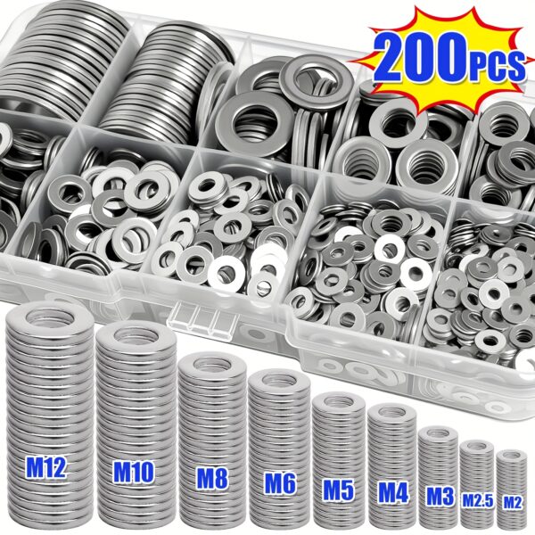 200pcs 304 Stainless Steel Washer Set, Durable Material, Polished Surface, O-Ring Fastener Washer Set with Box, Includes 9 Sizes M2-M12, Suitable for Home Decor, Factory Maintenance, Kitchen, Shop and Outdoor Construction