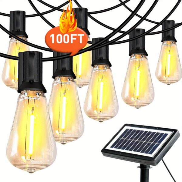 100ft Solar String Lights Outdoor IP44, Solar Lights Outdoor, with Dimmable Globe Bulb, Strong-Weak-Flash-Breath 4 Modes, Outdoor Lights for Yard, Pool, Camping, Decorating Tents, Wedding Decor for House Garden Decor Room, Wall