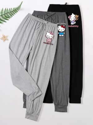 Sanrio 3-Pack Hello Kitty Women's Casual Sleep Pants - Snail Mouth with Pretzel Bow Soft Sole, Polyester Blend, Suitable for Spring and Summer