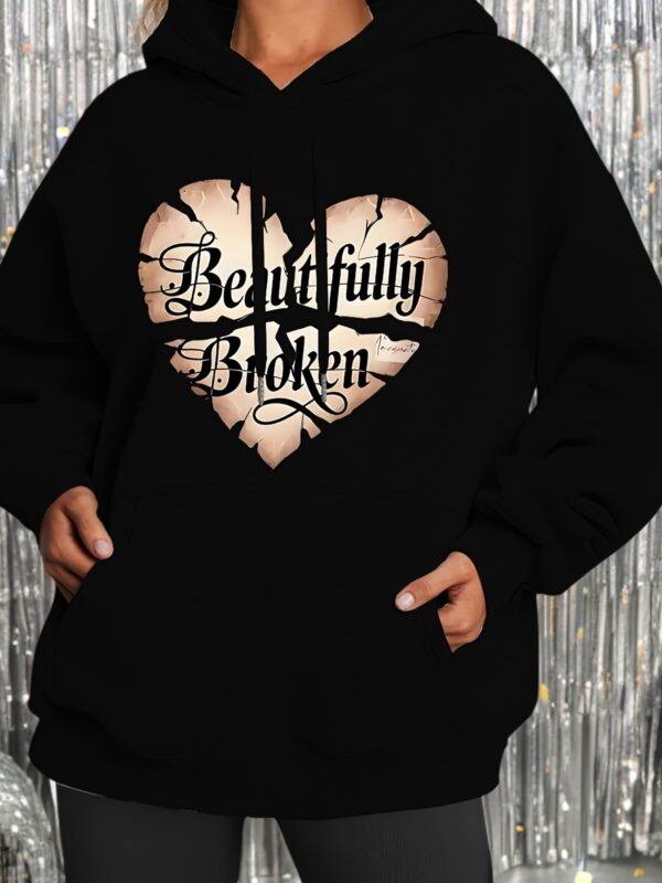 Plus Size "Beautifully Broken" Heart Print Hoodie for Women - Comfy Blend, Long Sleeve with Kangaroo Pocket & Drawstring Hood, Casual All-Season Wear, Oversized Hoodie