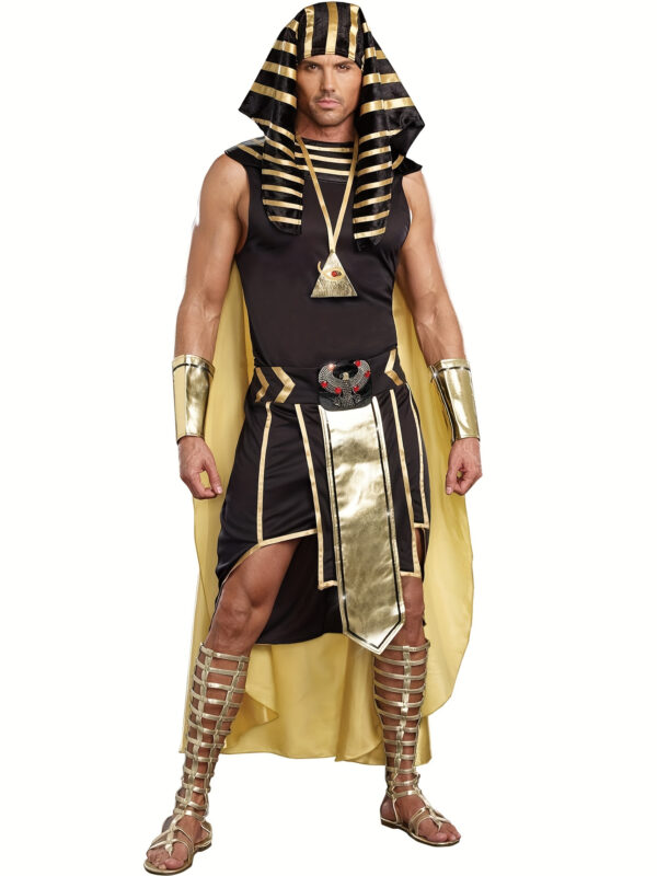f6c7f431-6adf-492a-aadd-8714dcdd5af6.jpg Men Egyptian Costume Set, 7 Pcs Golden Trim Tank Tops Skirt Arm Sleeves Headwear Necklace Halloween Cosplay Outfits