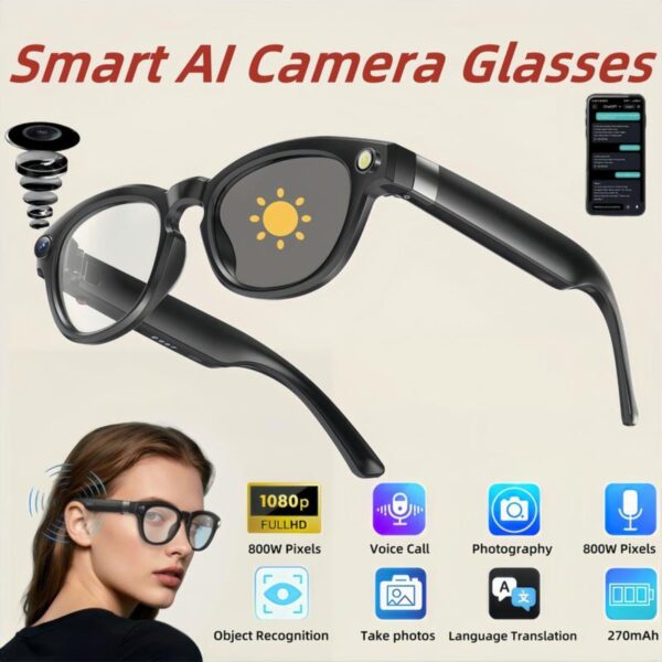 AI Smart Camera Glasses with Wireless, 1080P HD Video Recording, Real-Time Translation, Hands-Free Voice Calls, Auto-Tinting Photochromic Lens, USB Magnetic Charging, Compatible with Smartphones/Tablets - for Travel, Work, Vlogging, Outdoor Adventures - Ideal for Content Creators & Professionals, Vlogging Equipment, Modern Eyewear, Highquality Lens, Translation Device, Remote Workers