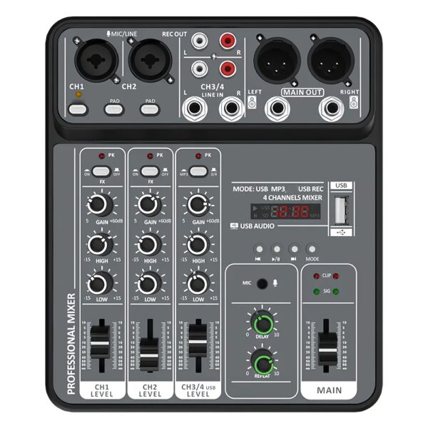 BOMGE Professional 4-Channel DJ Audio Mixer with USB Interface, Built-in Phantom Power, and Digital Display - Ideal for Studio Recording and Home Party Karaoke, Home Recording Studio|Compact Audio Mixer|Durable ABS Construction
