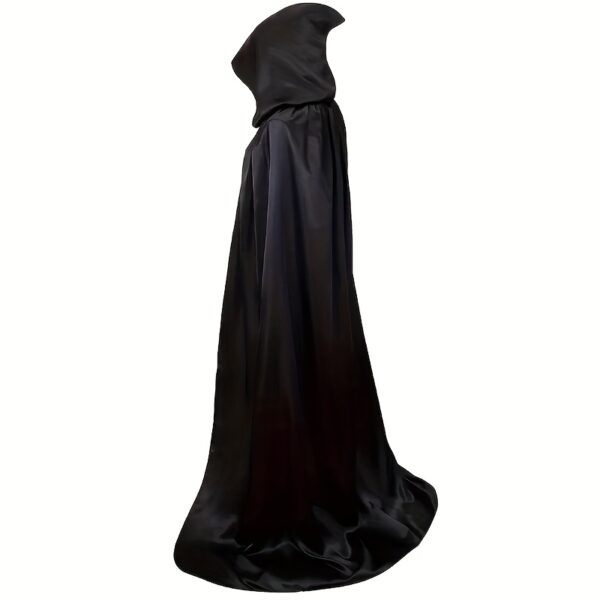 1pc Halloween Black Satin Cloak Cape with Hood - Adjustable Elastic Fit for Adults, Vampire Witch Costume Decor, Horror Party Supplies & Festival Decoration, Halloween Clothes, Sleek Glossy Finish, Smooth Lustrous Texture, Spooky Attire, Durable Material, Cosplay Enthusiasts