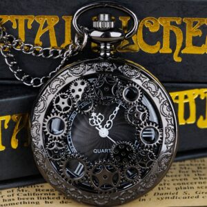 Vintage Black Roman Numeral Pocket Watch with Hollow Gears - Quartz Movement, World Time Function, Alloy Case & Chain, Mechanical-Inspired Design for Men's Fashion Accessories