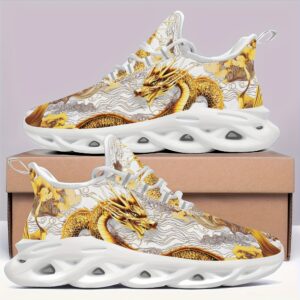 [Lightweight Sneakers] Breathable Lightweight Dragon-Themed Sneakers - Low Top Lace-Up Shoes for Running & Hiking - All-Season Street Style Casual Sports Footwear with Cartoon Pattern, MD Sole & Fabric Insole