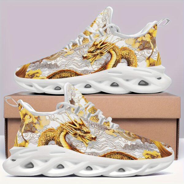 [Lightweight Sneakers] Breathable Lightweight Dragon-Themed Sneakers - Low Top Lace-Up Shoes for Running & Hiking - All-Season Street Style Casual Sports Footwear with Cartoon Pattern, MD Sole & Fabric Insole