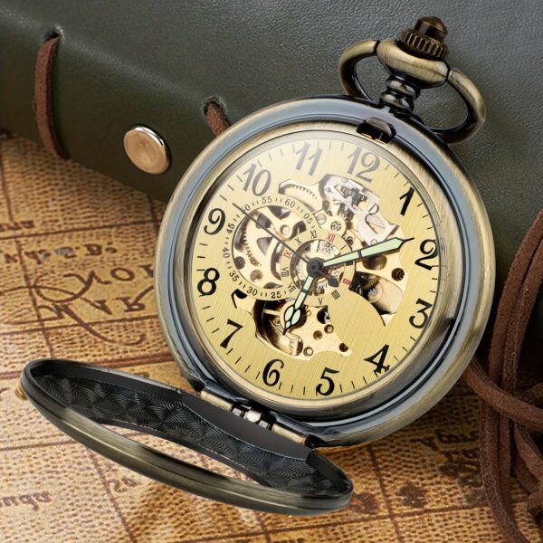 Mechanical Pocket Watch with Automatic Movement - Vintage Chronograph Watch with Roman Numerals, Golden-Tone Case & Brown -like Strap - Durable Alloy Construction - Men's & Women's Luxury Watch for Everyday or Special Occasions - Ideal Gift for Christmas, Valentine's, Father's Day - Mechanical Watch for Collectors