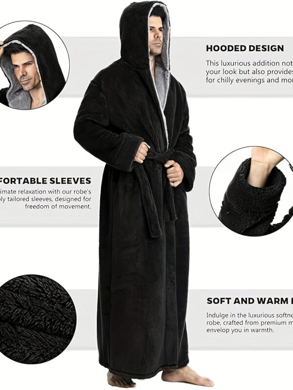 Men's Cozy Black Velvet Hooded Robe with Belt - Soft, Thickened Long Nightgown for Autumn and Winter, Machine Washable, Perfect Gift Idea, Cozy Loungewear | Shaggy Texture Robe | Polyester Fiber Robe, HELLOMAMMA