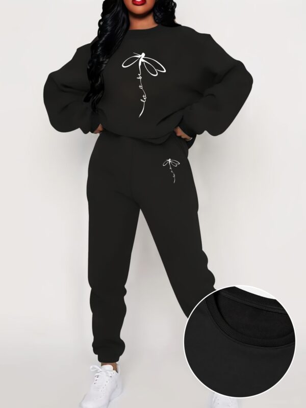 Women's C5+K4 Geometric Pattern Print Sweatshirt Set with Round Neck Loose Top and Drawstring Pants Joggers Casual Two-Piece Outfit