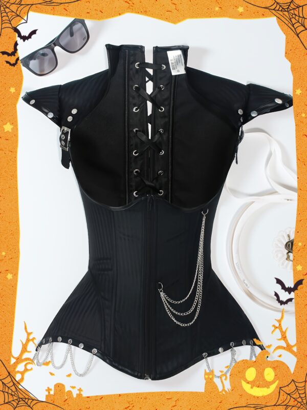 Cloudy.Lee Gothic Punk Corset Top - Black Striped Steel Boning Tummy Control Bodice with Metal Chain Accents, X-Shape Hourglass Waist Cincher for Halloween Costume & Alternative Fashion