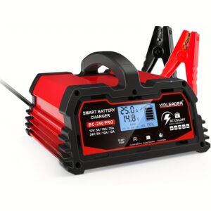 YINLEADER 25A Heavy-Duty Smart Battery Charger - Fast Charging, LCD Display, Auto Maintenance Mode, Over/Under Voltage/Current/Temp Protection, Compatible with 12V/24V Lead Acid & LiFePO4 Batteries for Cars, Trucks, Motorcycles, Boats, Lawn Mowers, RVs - with North American Plug (100-240V Input), Rechargeable Batteries, Automotive Maintenance, Robust Construction, Advanced Safety Features, Compact Design, Highquality Build, Car Owners
