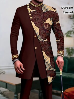 Men'S Formal & Everyday Two-Piece Suit - Black & Brown Business Casual Outfit with Button-Up Front, Non-Stretch Fabric for Weddings, Office, Events - All-Season Formal Attire, Event Attire, Geometric Pattern, Classic Design, Wedding Attire, Durable Material, Professional Men