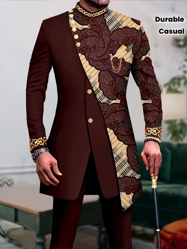 fa95be1114916e2eb9db104cef8e40a7.jpg Men'S Formal & Everyday Two-Piece Suit - Black & Brown Business Casual Outfit with Button-Up Front, Non-Stretch Fabric for Weddings, Office, Events - All-Season Formal Attire, Event Attire, Geometric Pattern, Classic Design, Wedding Attire, Durable Material, Professional Men