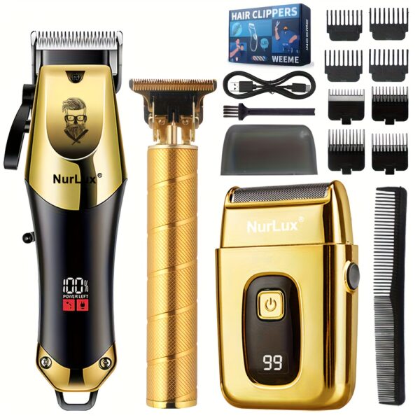 Men'S Grooming Kit 3pcs Set, Golden Balck Hair Clippers With LCD Display, USBRechargeable, 8 Guide Combs, Trimmer And Shaver, With Cleaning Brushes And CombGift For Men