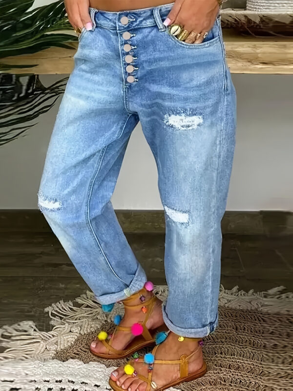 Women's Stretch Jeans- Comfortable Loose Fit, Ripped Single-Breasted Design, Washed Straight Leg, Versatile All Seasons