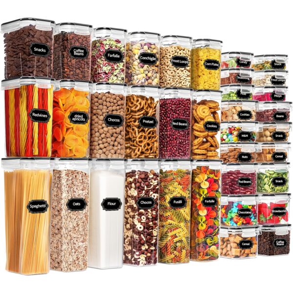 Skroam 36 Pack Airtight Food Storage Containers - BPA Free, Plastic Kitchen Storage Containers with Lids for Flour, Sugar, and Cereal, Labels & Marker - For Kitchen Pantry Organization - Suitable for Home Cooks & Bakers - Great Gift for Housewarming