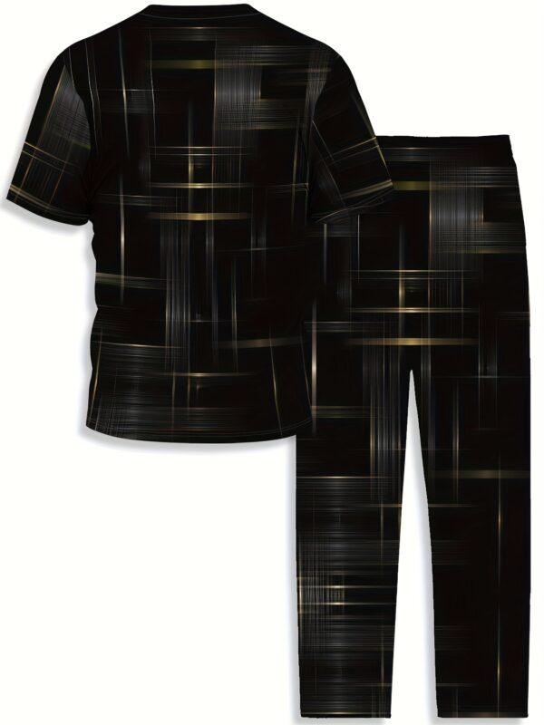 Men's Casual Suit, Golden Striped High-Definition Pattern Print Short Sleeve T-Shirt + Drawstring Straight-Leg Pants Two-Piece Set, Fashionable Outdoor Round Neck Top Sportswear (Middle East)