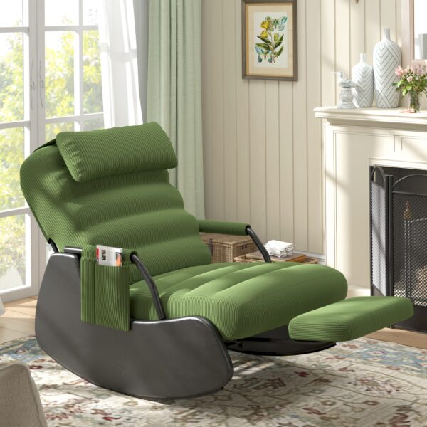 VIWAT Nursery Glider Rocking Chair - Manual Rocker with Soft Cushioned Seat & Headrest, Corduroy-like Easy-Clean Fabric Accent Chair, Non-Toxic Nursery/ Living Room/Bedroom/Home Theater Seat with Side Pocket - Dark Grey/Black, Glider Chair, Cozy Seating, Sleek Design, Durable Construction, Familyfriendly Furniture