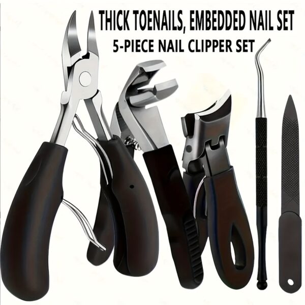 Toenail Clipper Set, Professional Toenail Care Kit 5pcs In 1 Set, Curved Edge Nail Clippers for Thick Nails, Heavy-Duty Fingernail Trimmer, Stainless Steel Nail File, Black, Nail Tech, Nail Salon Supplies, Soft Gel Nail Kit, Nail Supplies Kit, Nails for Women