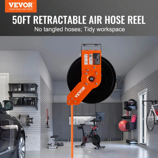 VEVOR Auto Retractable Air Hose Reel With Swivel Bracket3/8(1/2) IN X 50 FT Hybrid Air Hose Max 300PSI Industrial Air Compressor Hose Reel With 5 Ft Lead In Ceiling/ Wall Mount Heavy Duty Double Arm Steel Reel Quick Air Coupler(50FT/65FT/100FT)
