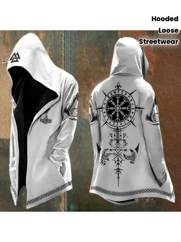 Men's Medieval Norse Mythology Viking Hooded Cardigan Motorcycle Jacket - Full-Zip Norse Rune & Viking Ship Design Coat, Loose Fit Streetwear for Autumn Winter, Casual Daily Wear & Themed Events (Hand Wash/Dry Clean), Seasonal Fashion, Medium Stretch Fabric, Dry Clean Only
