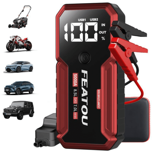 ‌Jump Starter Power Bank Car Booster Portable 5000A Peak 12V with USB Charger LED Light Safety Hammer for Emergency Roadside Assistance Car Truck Motorcycle