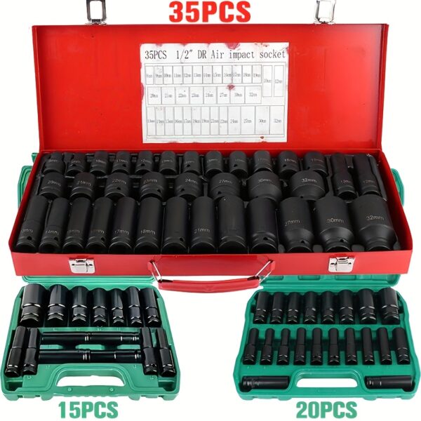fed11d80-9a54-4baa-91b6-f7ac737df117.jpg Professional 1/2 Inch Pneumatic Sleeve Kit - A Complete Set Of 15/20/35pcs Of Manual Maintenance Tools, Including Long And Short Sleeves, Air Guns, Hexagonal Extension Rods, Rotating Tools, And Convenient Mechanical Tools