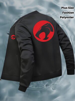 Men's Plus Size Casual Fashion Bomber Jacket with Pockets - Red & Black Cat Print, Zip-Up, Baseball Collar, Polyester Blend, Machine Washable, Casual Outerwear | Modern Casual Look | Easycare Fabric, PLUS SIZE