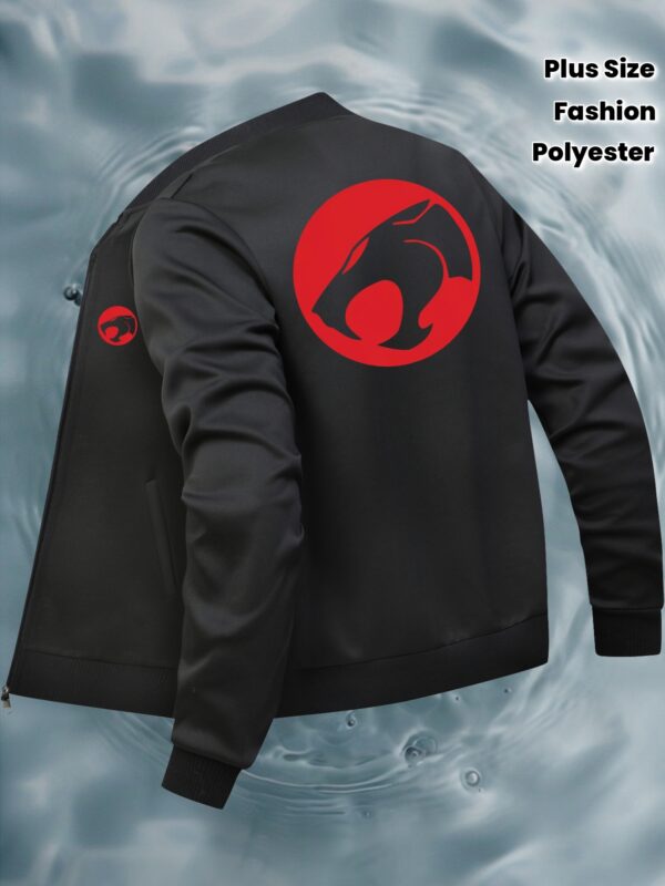 fef5d581742e2ba63591b8f140c60e84.jpg Men's Plus Size Casual Fashion Bomber Jacket with Pockets - Red & Black Cat Print, Zip-Up, Baseball Collar, Polyester Blend, Machine Washable, Casual Outerwear | Modern Casual Look | Easycare Fabric, PLUS SIZE