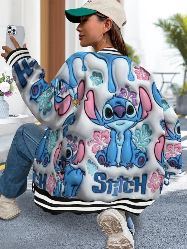 Women's Disney Stitch Baseball Jacket - Official Stitch Graphic Long Sleeve Coat, Hawaiian-Themed Party Outfit for Autumn/Winter, Casual Disney Fan Apparel (No Chest Padding)