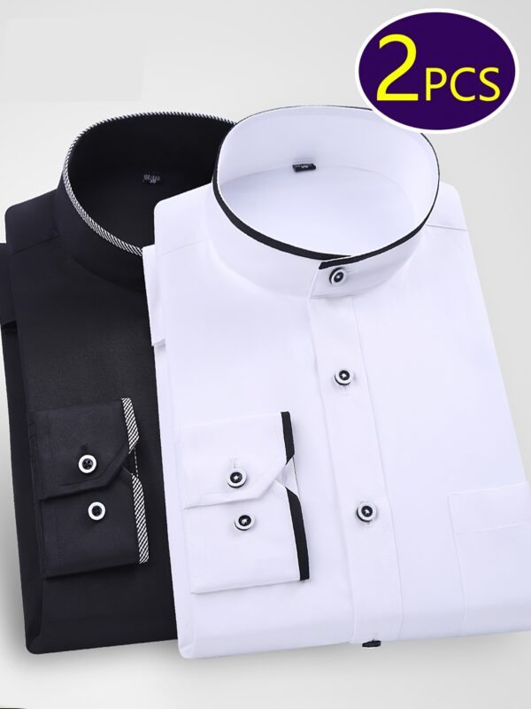 2pcs Men's Mandarin Collar Shirts - Wrinkle-Free Business Casual Office Wear, Lightweight Slim Fit Blouse (White/Black)