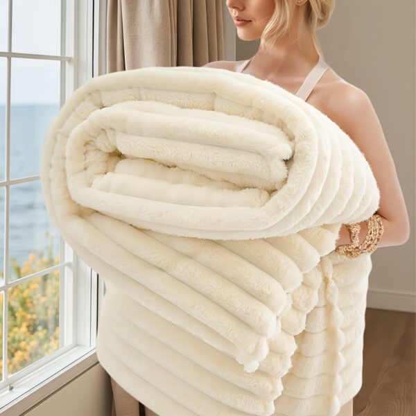 Luxurious Faux Rabbit Fur Throw Blanket - Super Soft & Warm All-Season Cozy Plush Blanket for Couch, Bed, Travel, Camping, Office - Beige & White Striped Contemporary Design, Machine Washable, -Static & Non-Shedding, Versatile Indoor/Outdoor Use - Ideal Christmas Gift & Home Decor, Seasonal Lounge Cover, Playful Zax Pattern, Travel Blanket, Neutral Blanket, Lightweight Blanket, Blanket, Perfect for Bedroom