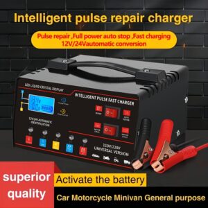 12V&24V Intelligent Universal Battery Charger With LCD Display, Smart Repair, Temperature Compensation, Overcharge And Short Circuit ProtectionSuitable For Intelligent Trickle Charging Of Cars, SUV, Trucks, Yachts, Motorcycles Battery Maintenance, Without Battery
