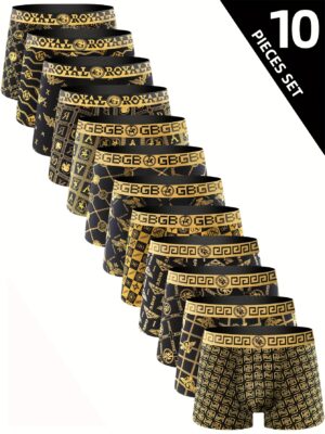 10pcs Men'S High Stretch Breathable Boxer Briefs, Polyester Spandex Shortie Panty with Print Pattern for Casual Wear