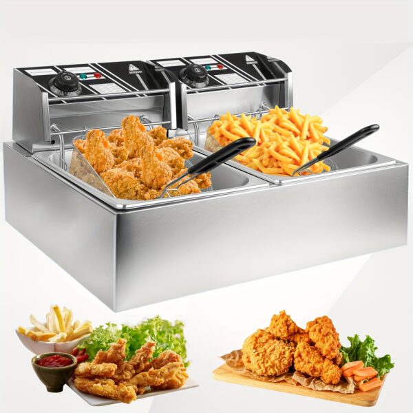 Commercial 3.17gal Dual Basket Electric Deep Fryer - 5000W High Power (2500W X 2) For Efficient Oil Frying - Restaurant Grade