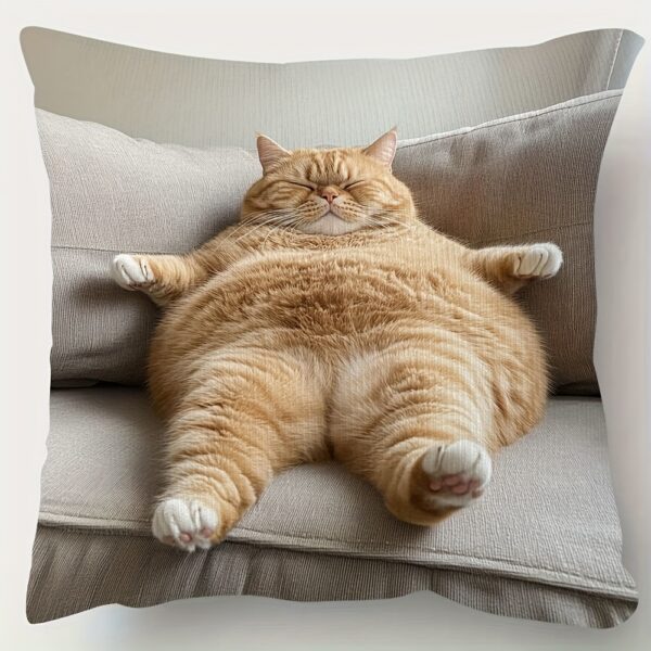 [Ginger Cat Throw Pillow] 1pc 18x18 Inch Super Soft Short Plush Double-Sided Throw Pillow - Adorable Ginger Cat Lounging on Sofa Design, Contemporary Home Decor for Living Room & Bedroom, Machine Washable with Zipper Closure (No Insert), Bedroom Comfort, Playful Design, Comfortable Texture