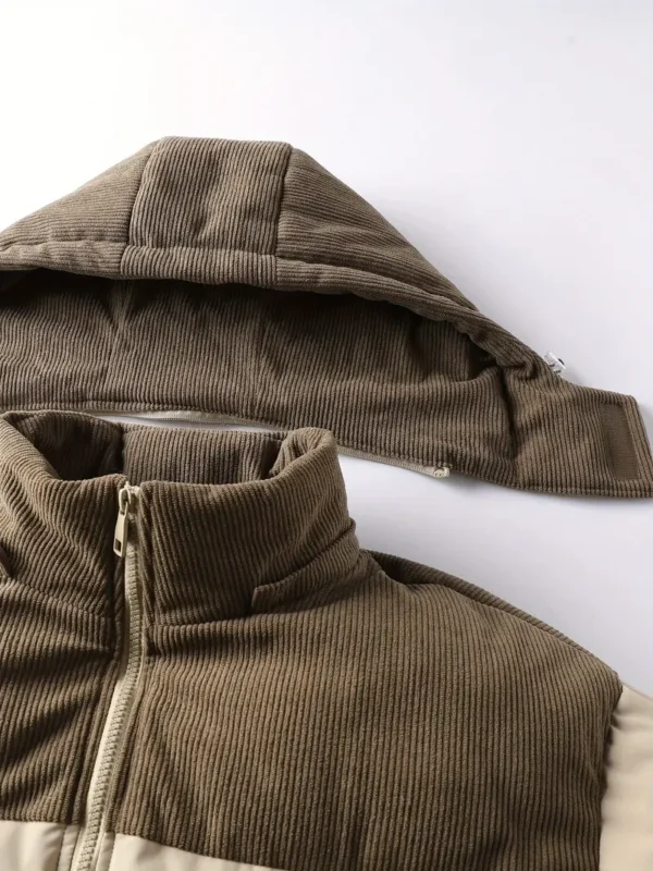 Men'S Heavyweight Winter Jacket - & Brown Color Block Hooded Coat with Full-Zip Closure, Collar & Chest Pockets - Casual Outdoor Warm Coat for Fall/Spring, Loose Fit Long Sleeve Outerwear, Non-Stretch Fabric for Cold Weather, Winter Coats, Thick